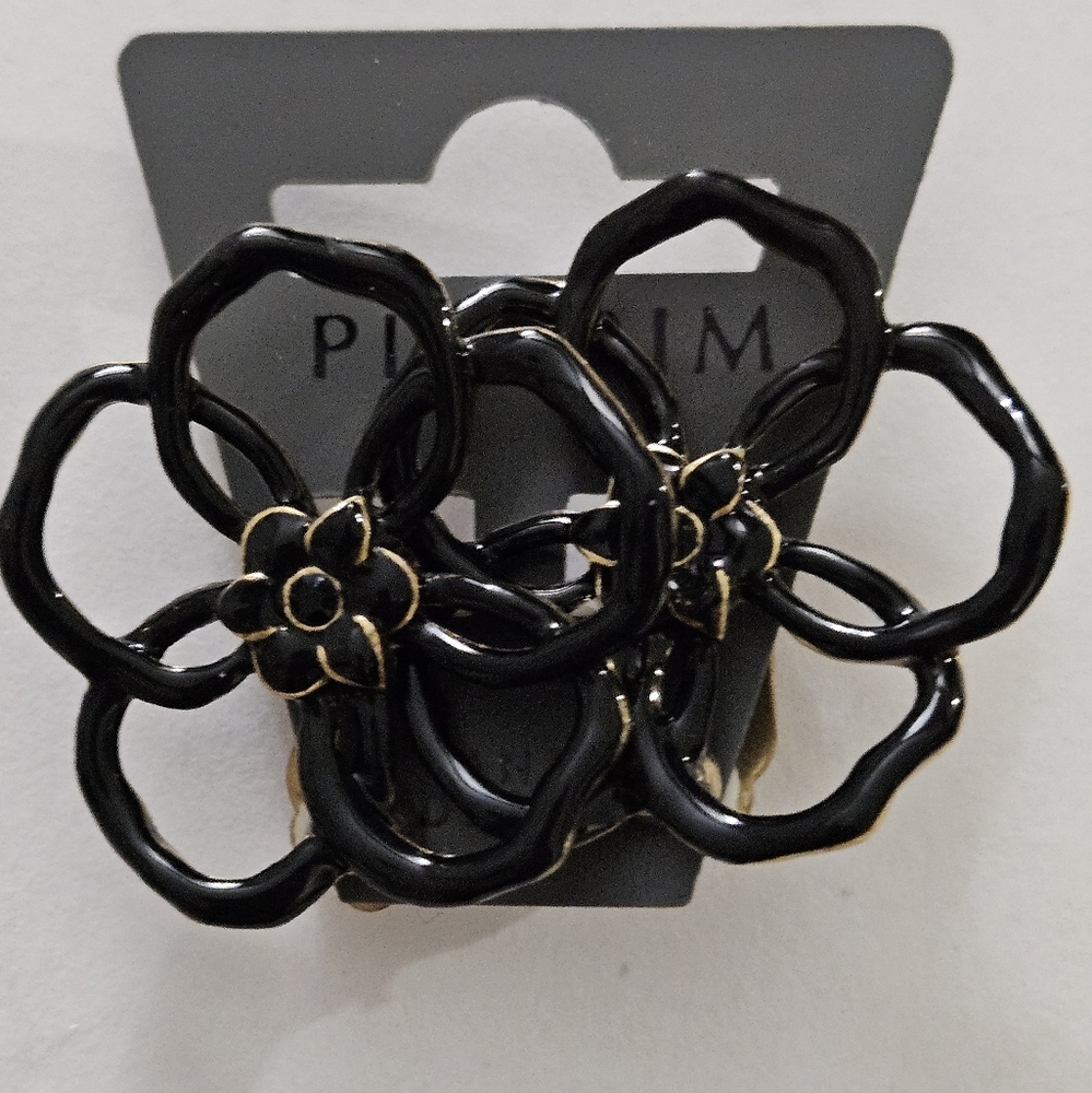 Pilgrim black large metal clip-on floral earrings, NWT.